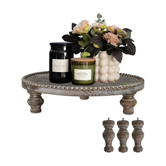 Decorative Pedestal Stand / Round Beaded Pedestal - Natural Wood