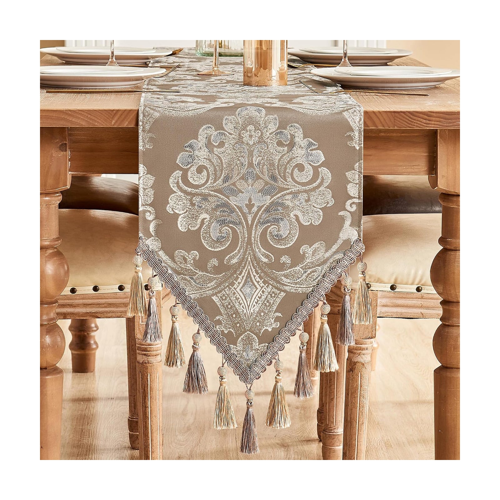 Loom and Mill Damask Floral Table Runner 108 Inches Long, Light Coffee | Luxury Jacquard Dining Table Runner with
