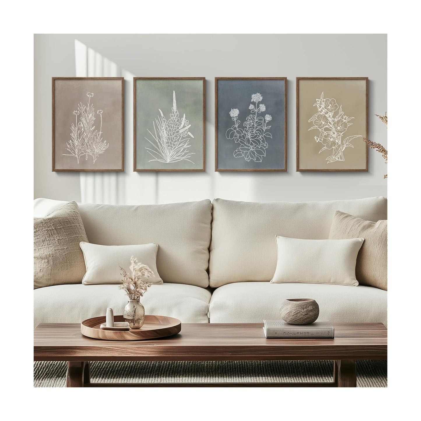 Framed Boho Botanical Wall Art / 12" W x 16" H x / Simple - Walnut Framed / Set of 4