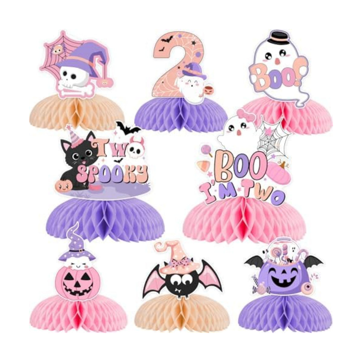 Pink Purple Halloween 2nd Birthday Decorations Girl 8pcs Halloween 2nd Birthday Honeycomb Centerpieces Table Decoration Two Spooky Birthday Decoration Table Topper Halloween Second Birthday