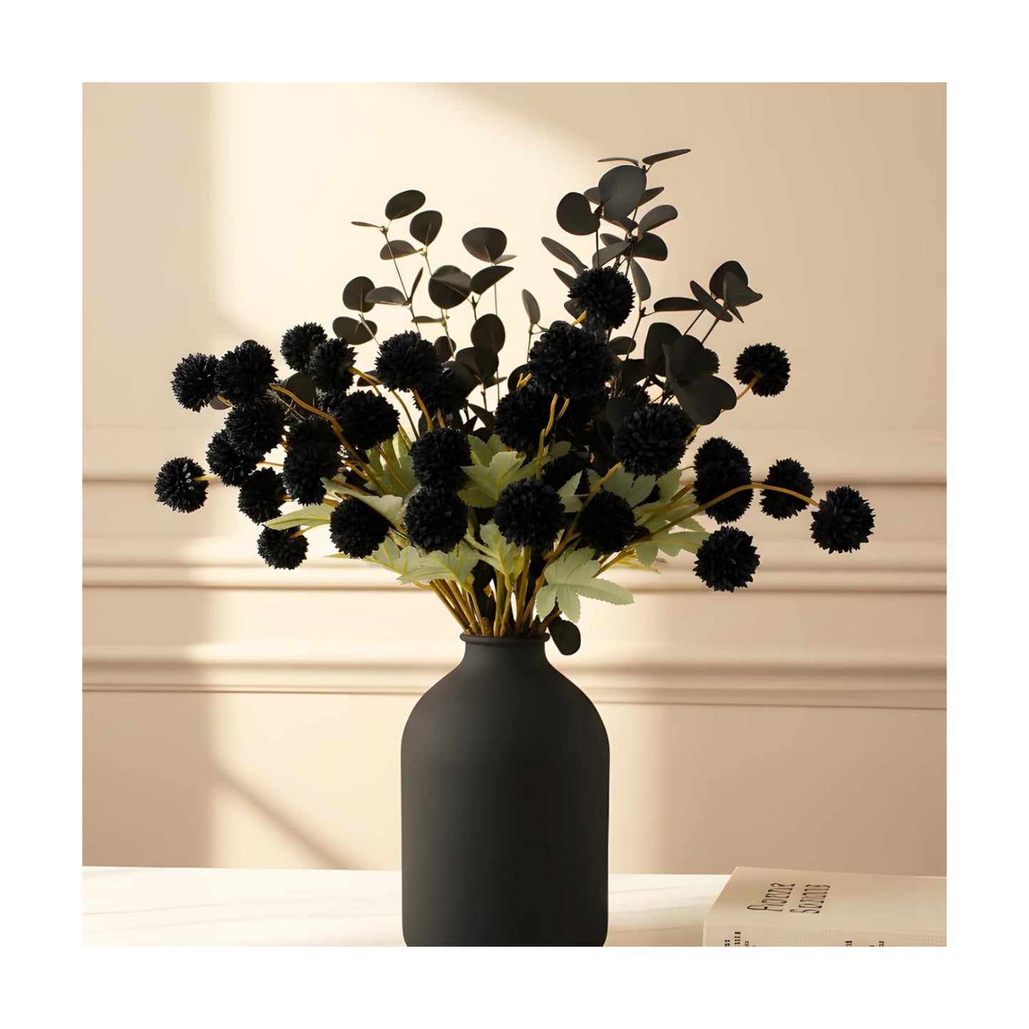 12 Black Artificial Flowers & Eucalyptus Long Stems, Halloween Decor