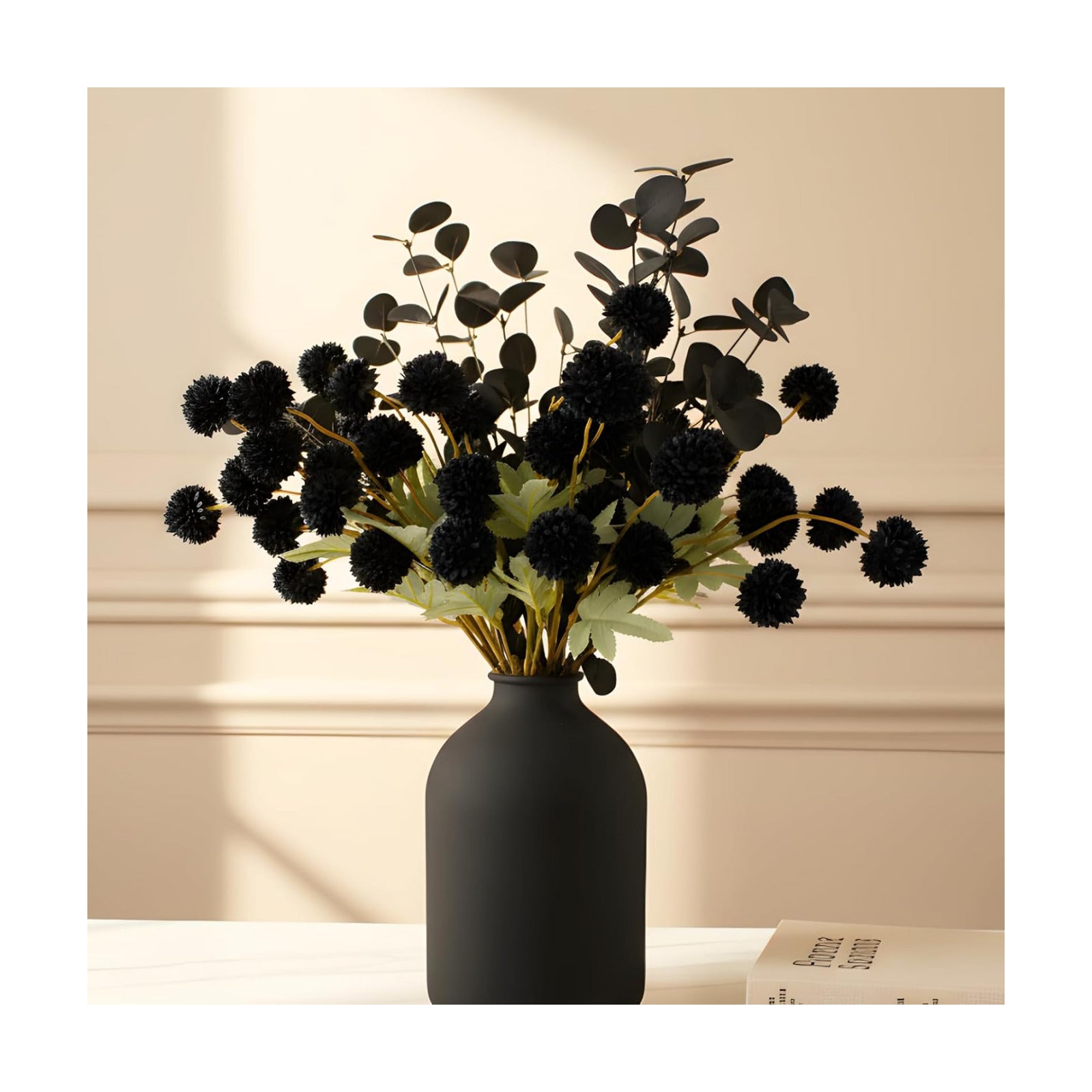 12 Black Artificial Flowers & Eucalyptus Long Stems, Halloween Decor