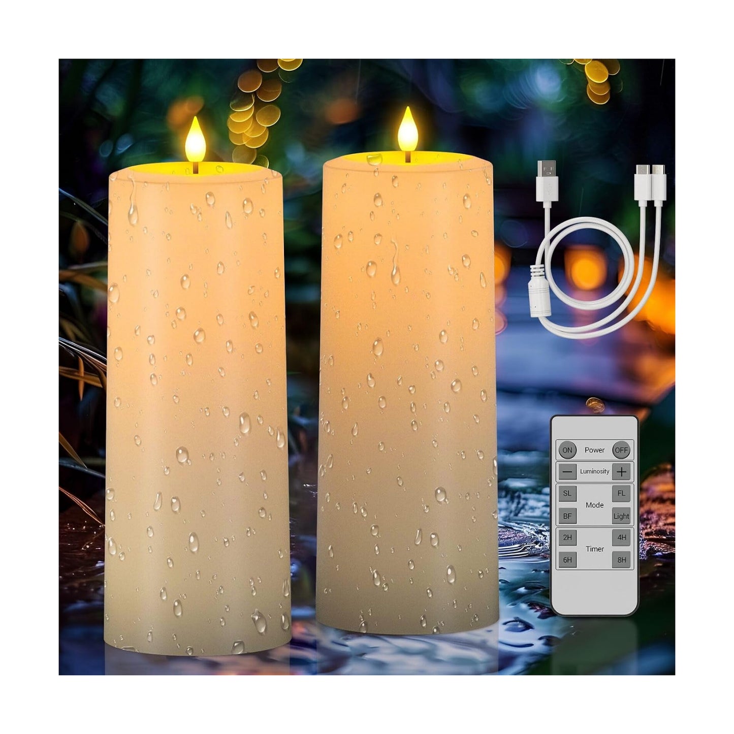 SoulBay 10"x4" Solar & USB Rechargeable Outdoor Flameless Pillar Candles | Waterproof Flickering LED, Remote Timer