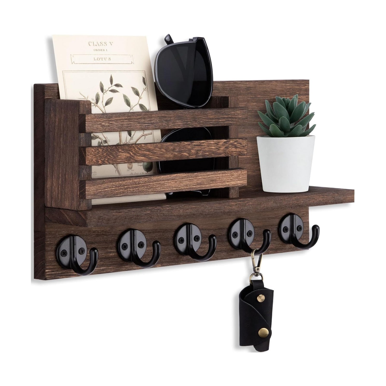 Decorative Wooden Mail Holder and Key Shelf / Brown / Large - 11.8inch