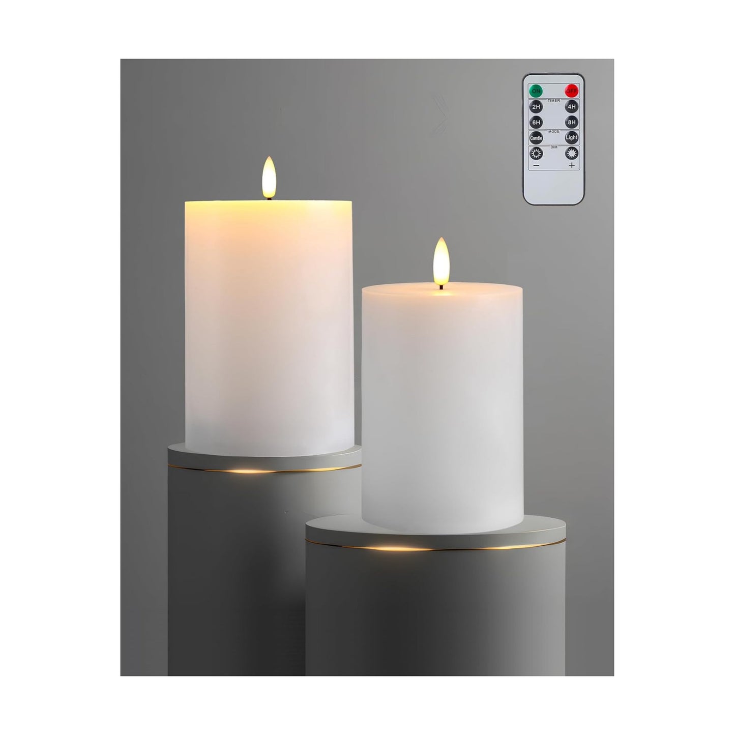 Gmnee 4"x8" Flickering Flameless Candles with Remote Timer, Real Wax, White | 2 Pack 4" Diameter Extra-Large Pillar
