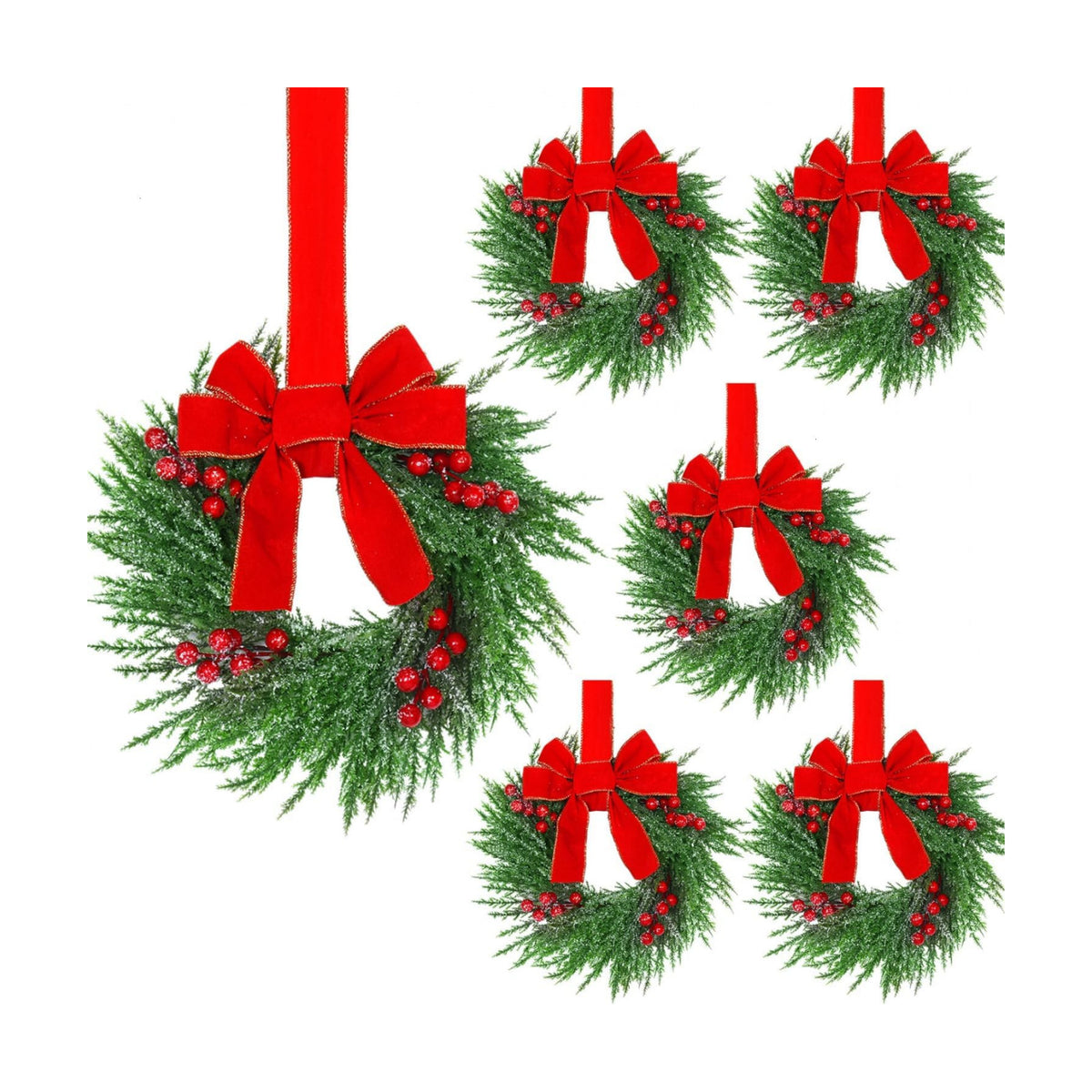YoleShy 6 Pcs Small Christmas Wreath 12'' Mini Wreaths for Kitchen Cabinet Wreaths with Berry & Red Velvet Bow Ribbon Window Wreath Christmas Xmas Farmhouse Decoration for Front Door Chair Wall
