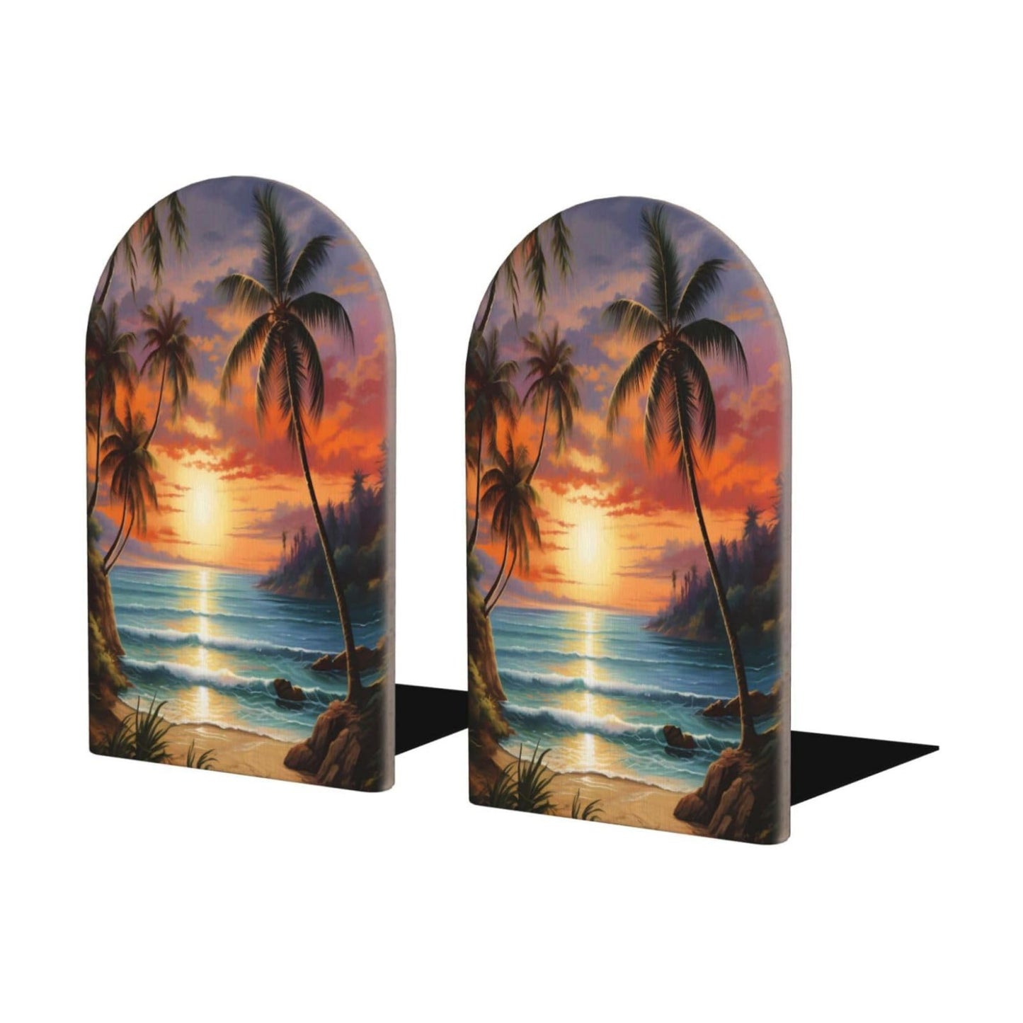 Decorative Bookends Wood Bookends / Beach Sunset Tropical Palm Tree / Set of 2