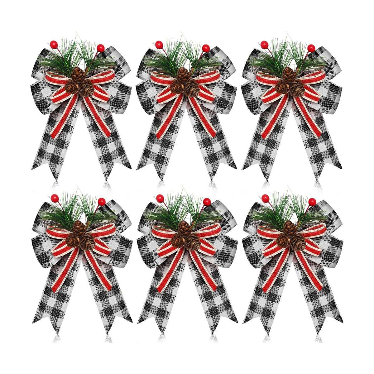 Moucuny 6 Pcs Christmas Burlap Bows Black White Buffalo Plaid 5 x 6 Inch