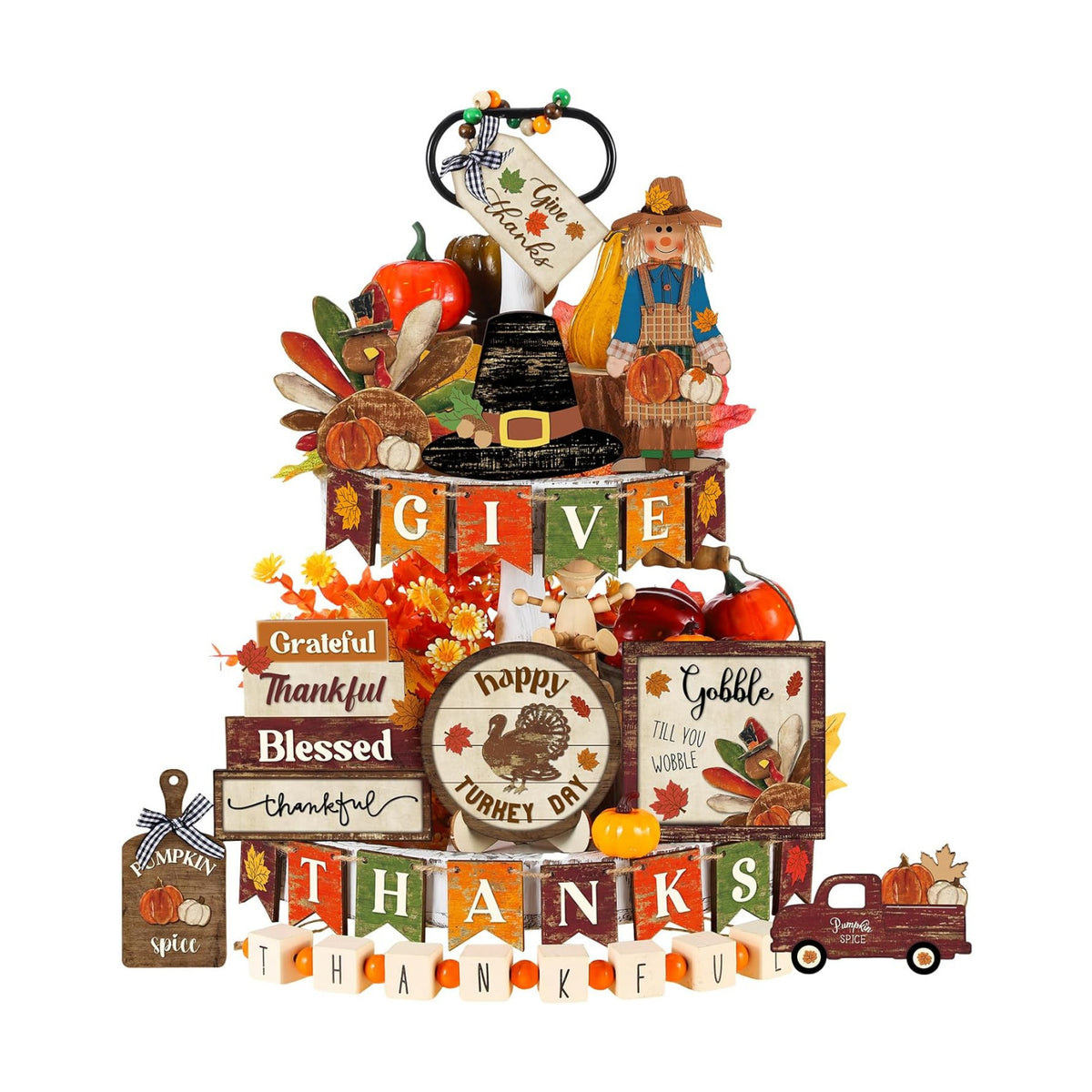 Maitys 21 Pcs Thanksgiving Tiered Tray Decor Set Fall Pumpkin Gnome Truck Scarecrow Wood Sign Rustic Farmhouse Decor Hello Fall Wood Bead Decorative Tabletop Sign for Autumn Thanksgiving Day(Cute)