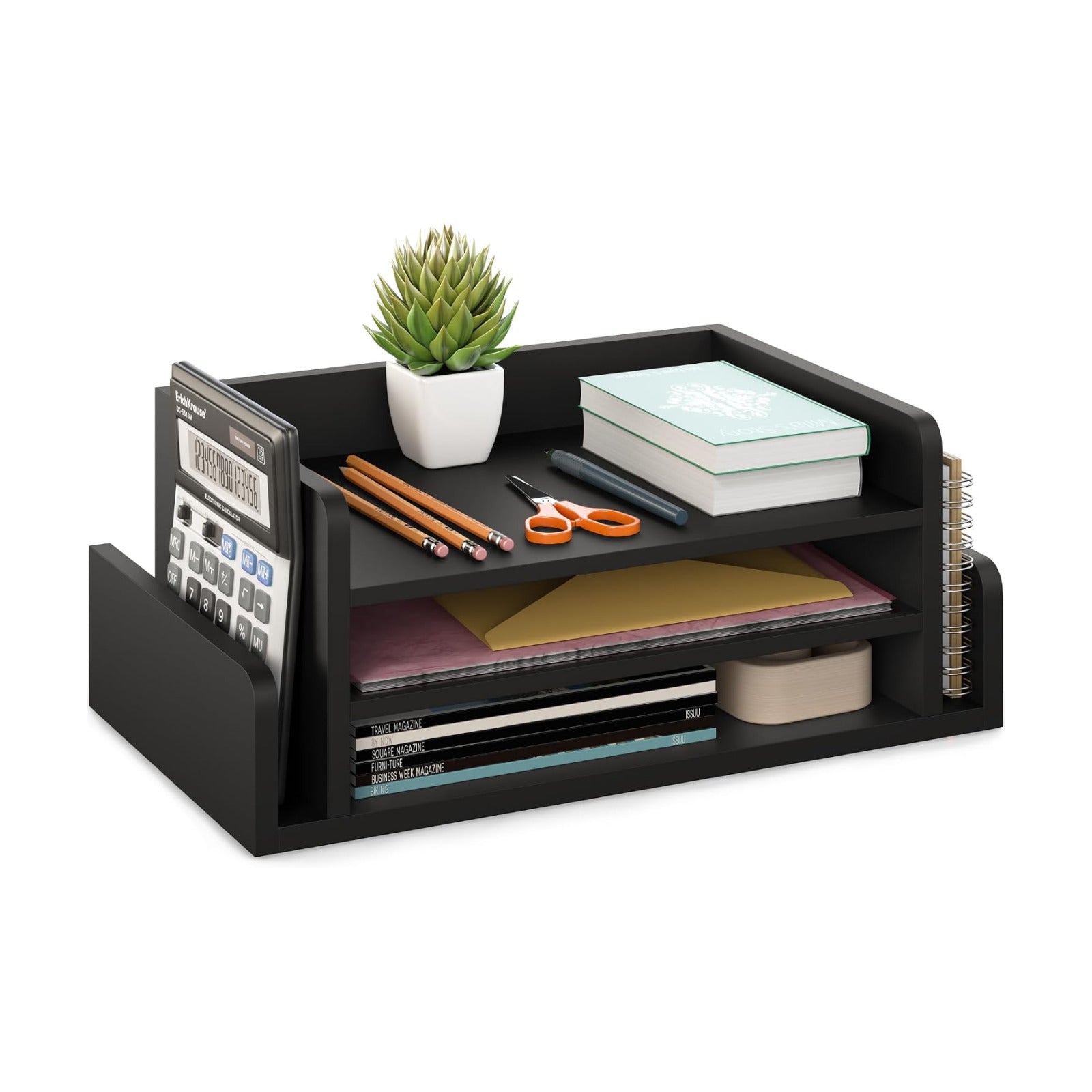 Ballucci 3-Tier Desk Organizer with 2 Side Mail Sorter Slots, Wood Letter Tray, Open Top Paper Organizer, Desktop File