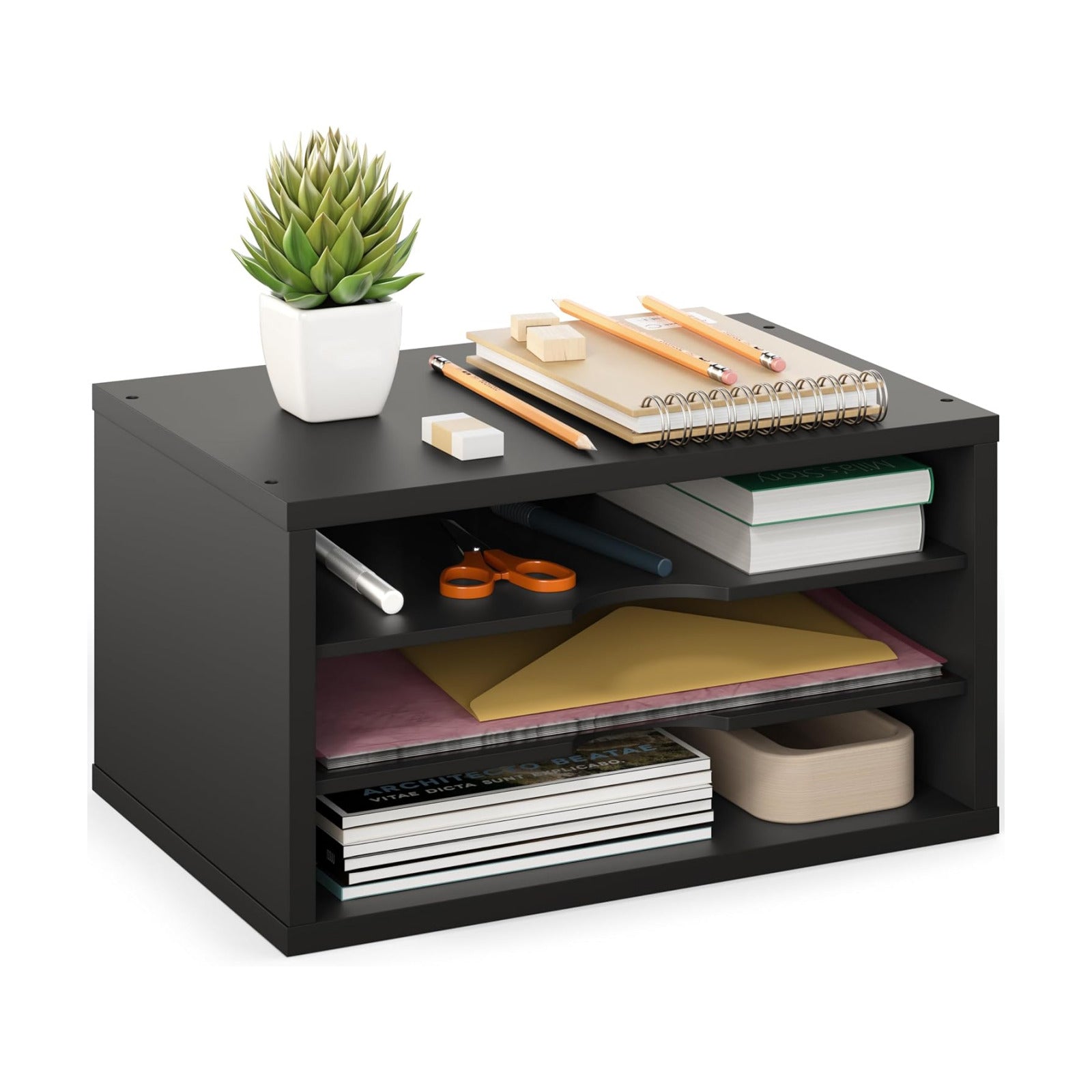Ballucci File Organizer, 3-Tier Document Paper Sorter, Stackable Wood Desk Organizer, Mail Sorter and Monitor Stand
