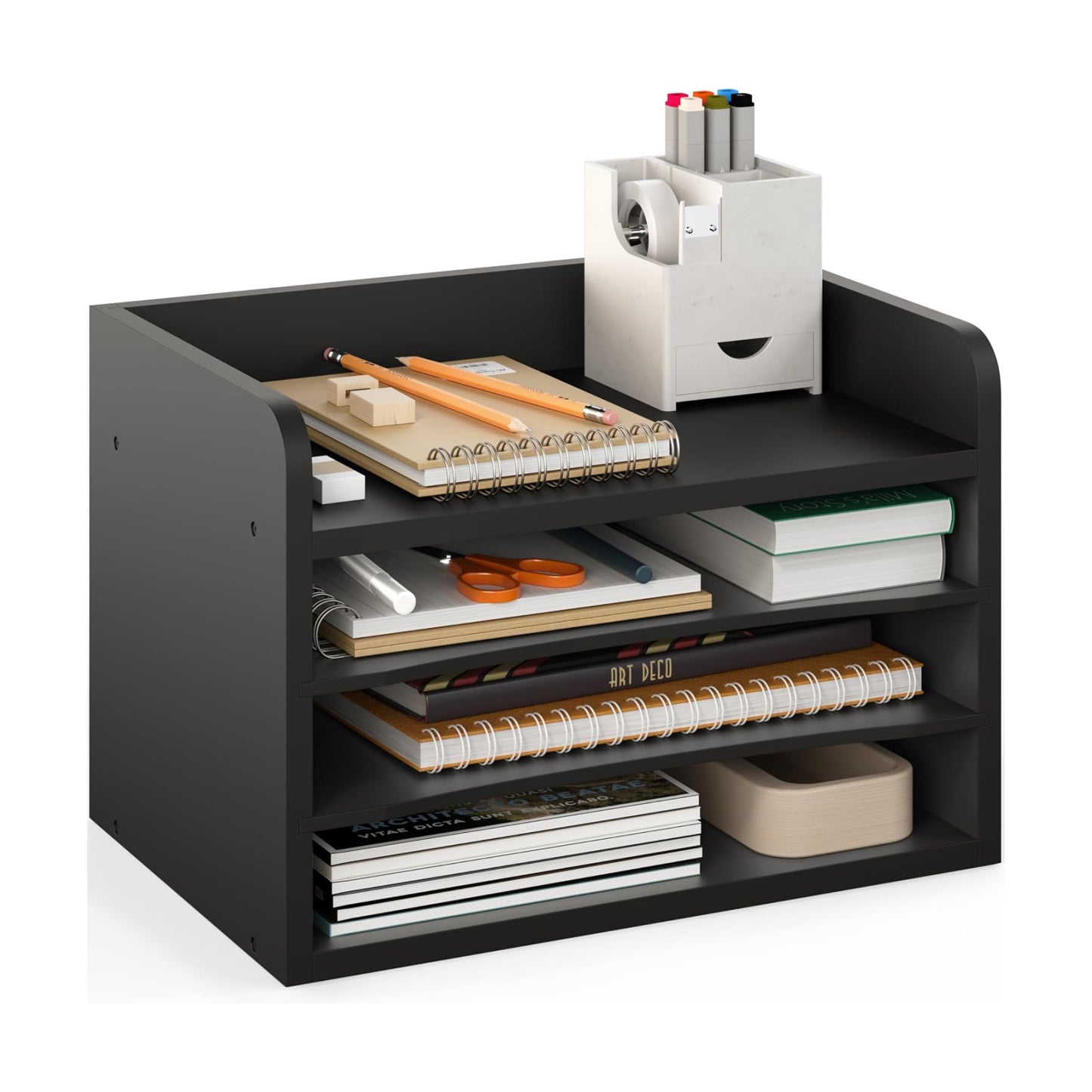 Ballucci File Organizer, 4-Tier Office Desk Organizer, Open Top Wood Paper Organizer for Classroom, Mail Sorter Paper