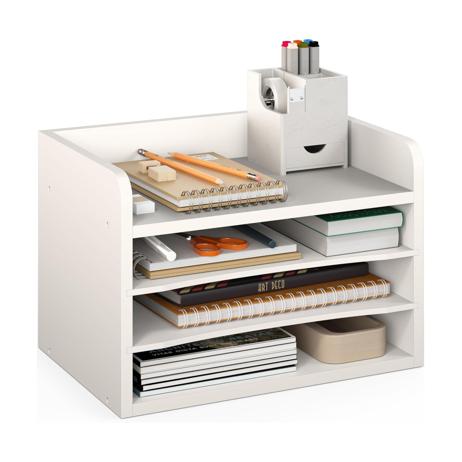 Ballucci File Organizer, 4-Tier Office Desk Organizer, Open Top Wood Paper Organizer for Classroom, Mail Sorter Paper