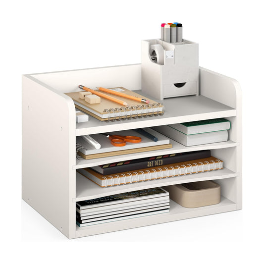 Ballucci File Organizer, 4-Tier Office Desk Organizer, Open Top Wood Paper Organizer for Classroom, Mail Sorter Paper