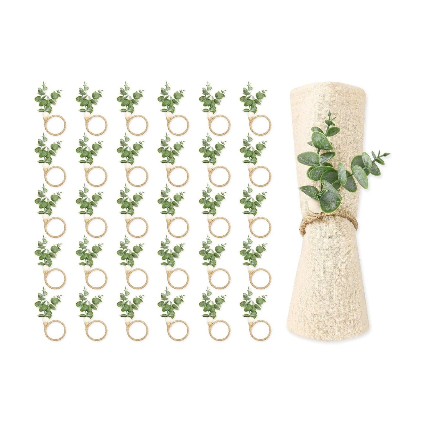 JarThenaAMCS 60 Pcs Eucalyptus Leaf Napkin Rings Boho Green Leaves Wood Bead Farmhouse Napkin Holders Greenery Napkins