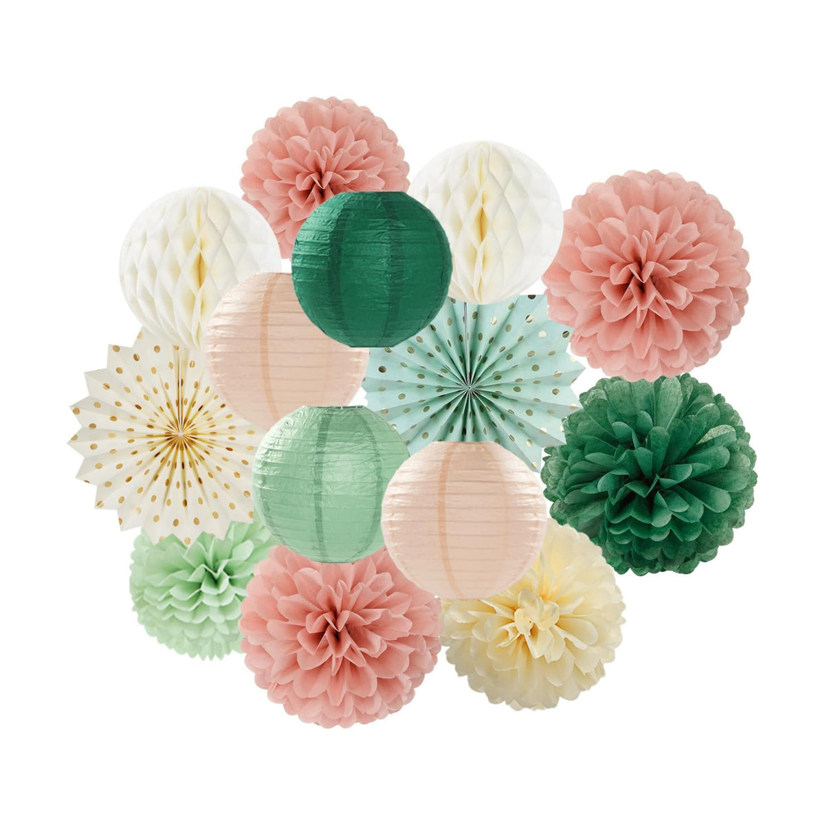 Sage-Green Pink-Beige Boho Party-Decorations Streamers - 14pcs Rustic Neutral Wedding Olive Paper Honeycomb Lanterns Fan,Birthday Baby Bridal Shower Engagement Decor Lasting Surprise