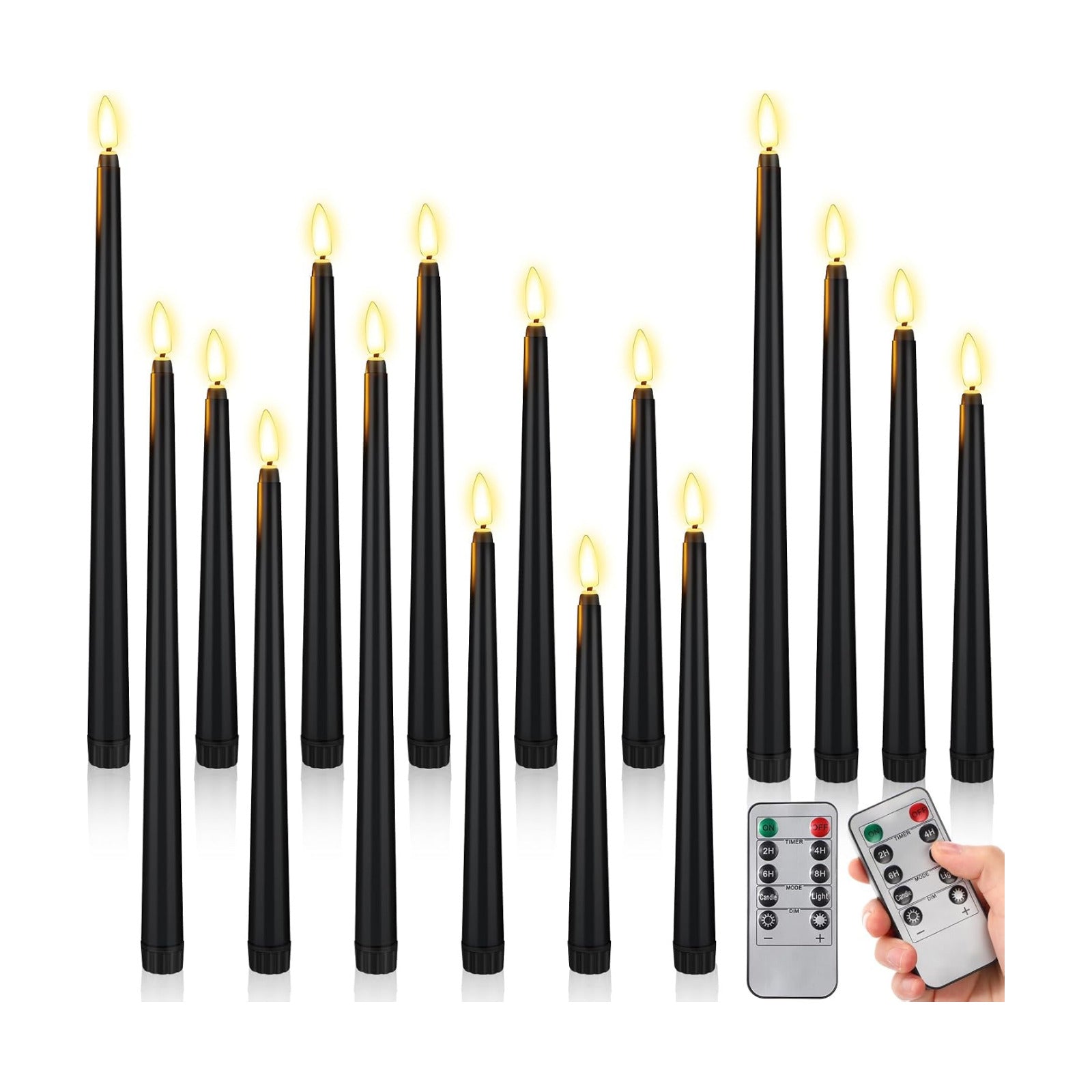 Rossesay 16 Pcs Black Flameless Taper Candle with Remote Timer | Halloween Battery Operated Candle, 8.5" 9.6" 10.8"