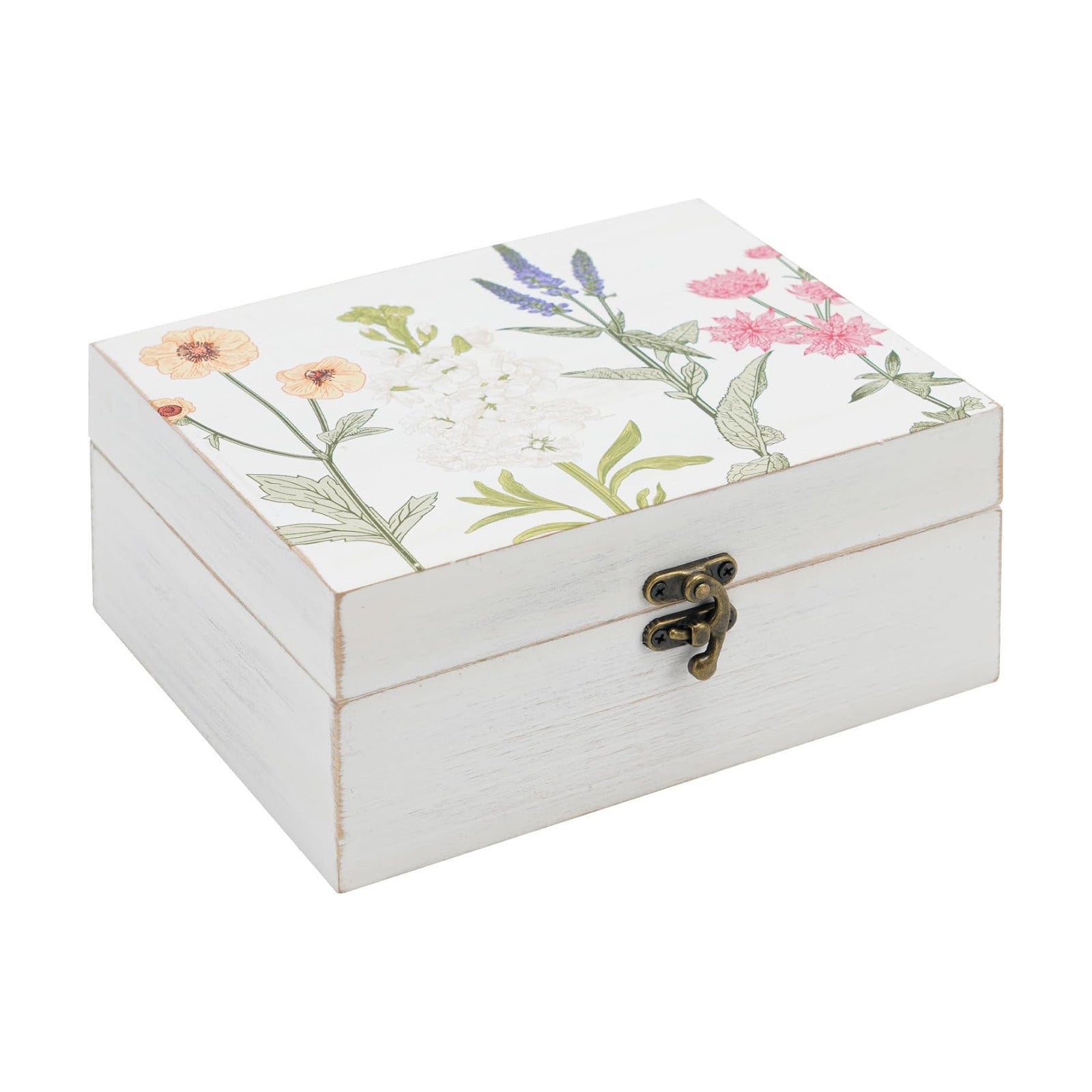 Hinged Lid Wooden Handmade Keepsake Storage Box Floral Printed Jewelry Box Rustic Trinket Box