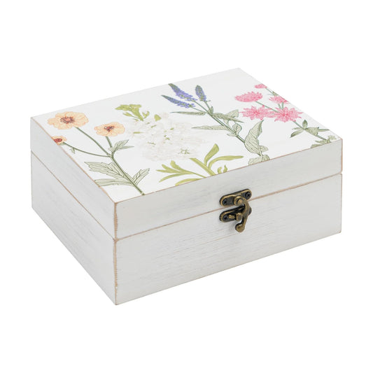 Hinged Lid Wooden Handmade Keepsake Storage Box Floral Printed Jewelry Box Rustic Trinket Box