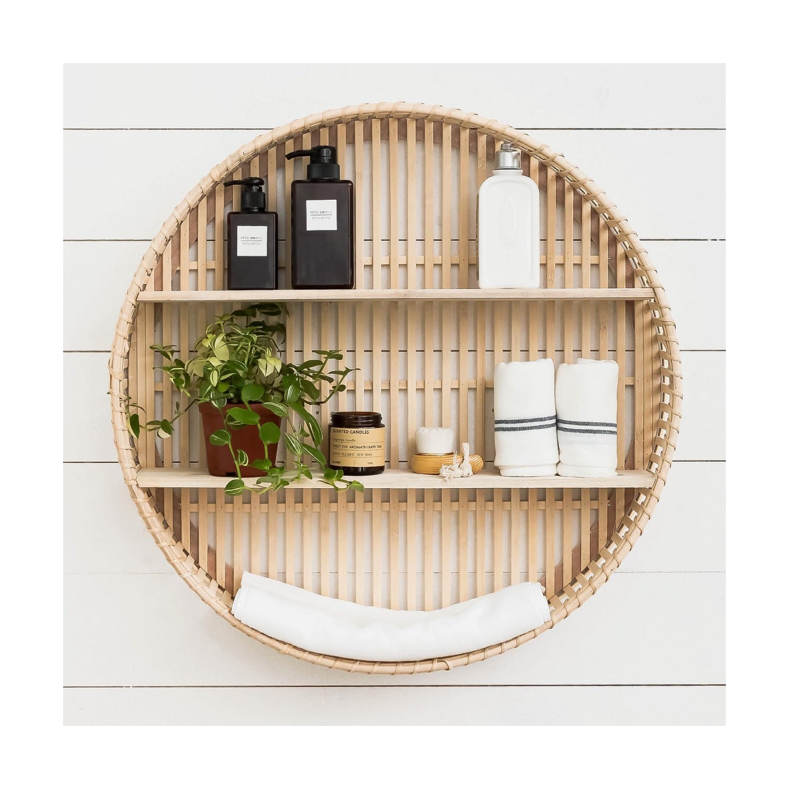 Rattan Wall Shelf 3 Tier Boho Wall Mounted Shelf Farmhouse Handcraft Round Floating Shelf Display