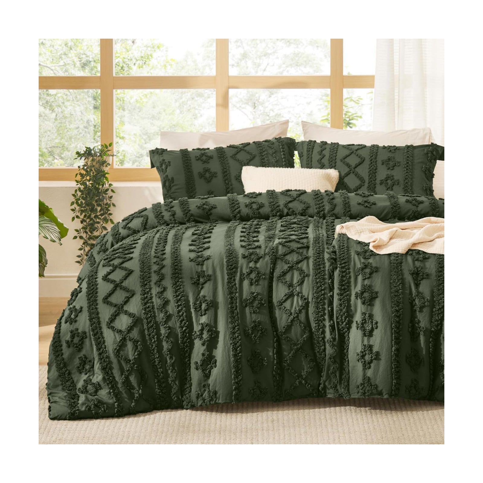 Bedsure Tufted Boho Comforter Set Oversized Queen - Olive Green Boho Bed Set, GentleSoft™ 3 Pieces Farmhouse-Style