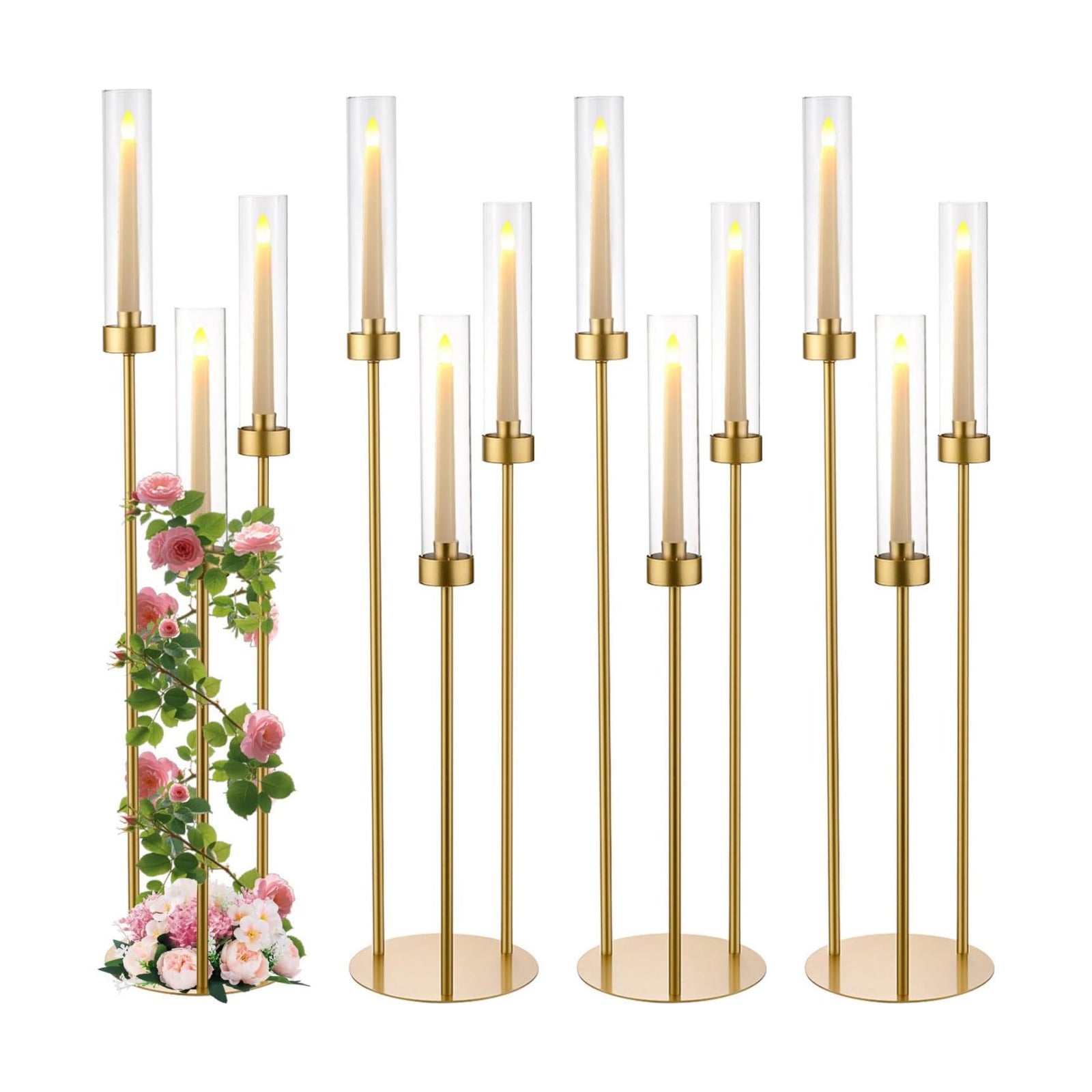 4PCS Gold 3-Arm Candelabra Centerpiece for Table 33.8in Metal | Candle Holder with Acrylic Lampshade,Fits LED Taper
