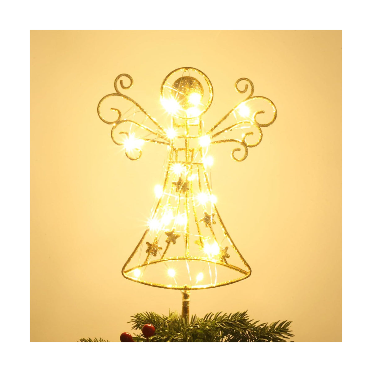 hogardeck Christmas Tree Topper, 12 Inches Glittered Gold Angel Tree Topper for Christmas Treetop, 30 LED Timer Sparkling Tree Toppers for Christmas Tree Decorations