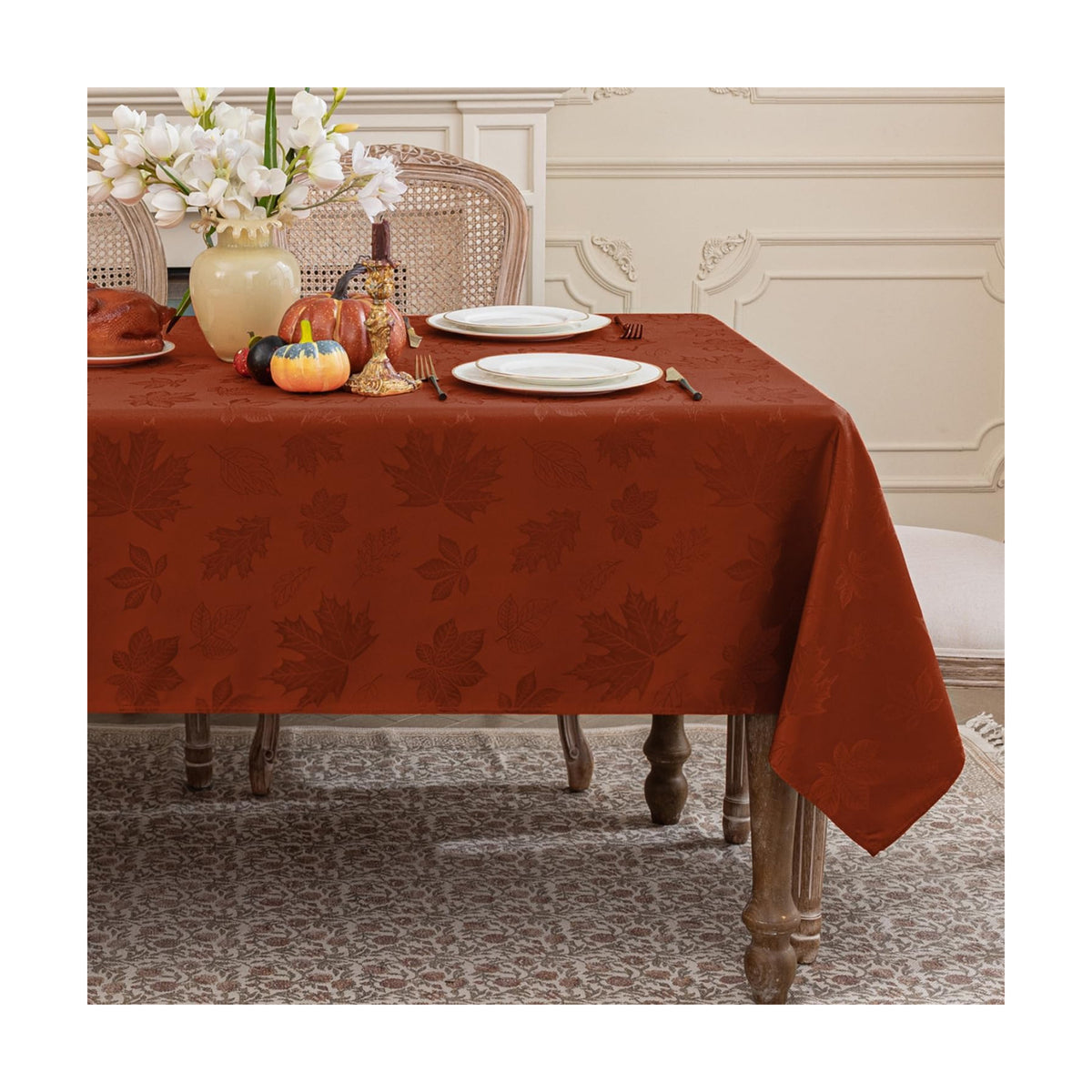 Softalker Fall Jacquard Rectangle Tablecloth, 60 x 84 Inch Rust