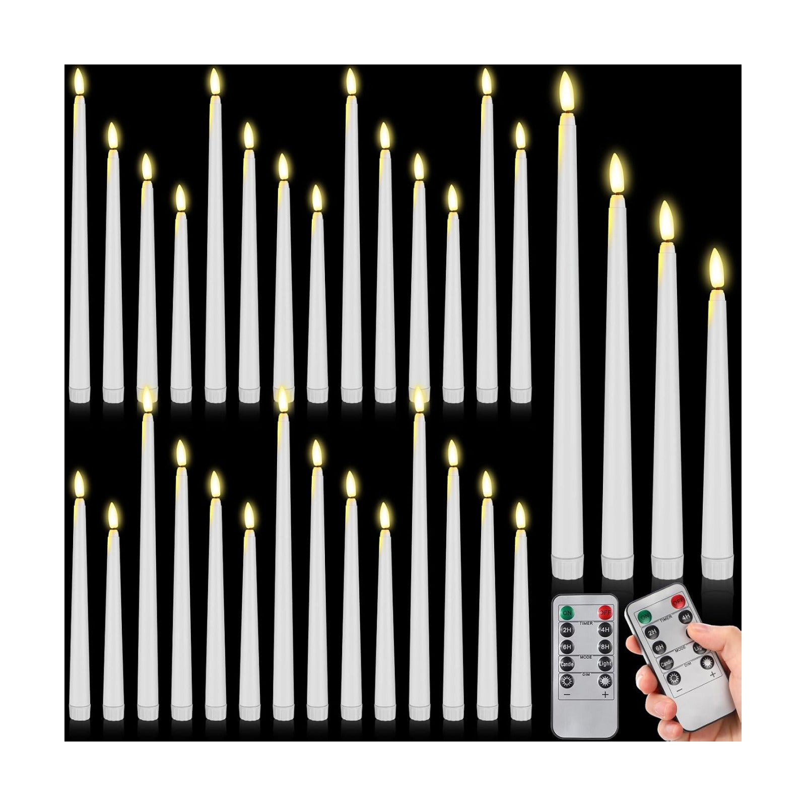 Rossesay 28 Pcs Flameless Taper Candles with Timer Remote 4 Sizes of 8.5", 9.6", 10.83", 12.8" LED Flickering Taper