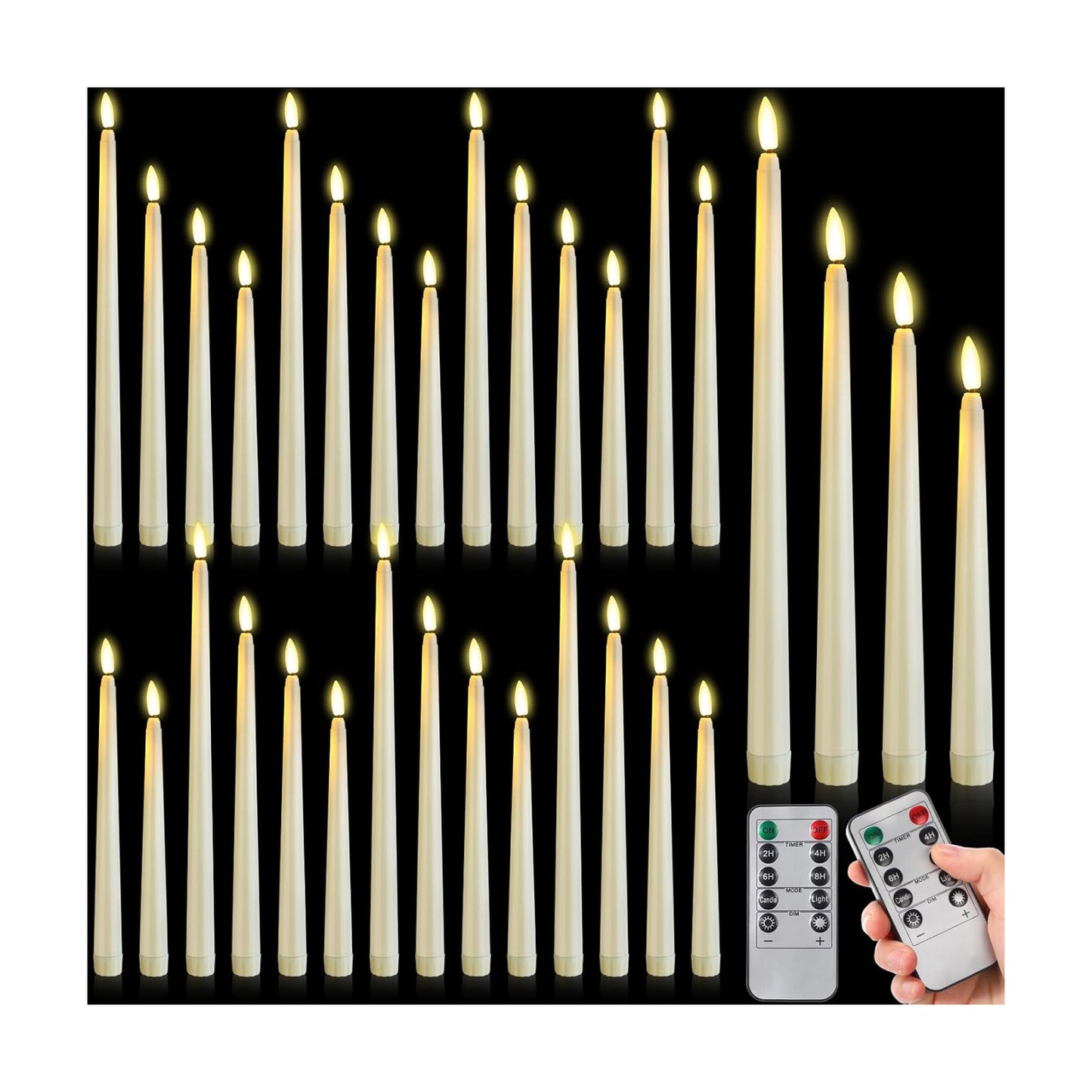 Rossesay 28 Pcs Flameless Taper Candles with Timer Remote 4 Sizes of 8.5", 9.6", 10.83", 12.8" LED Flickering Taper