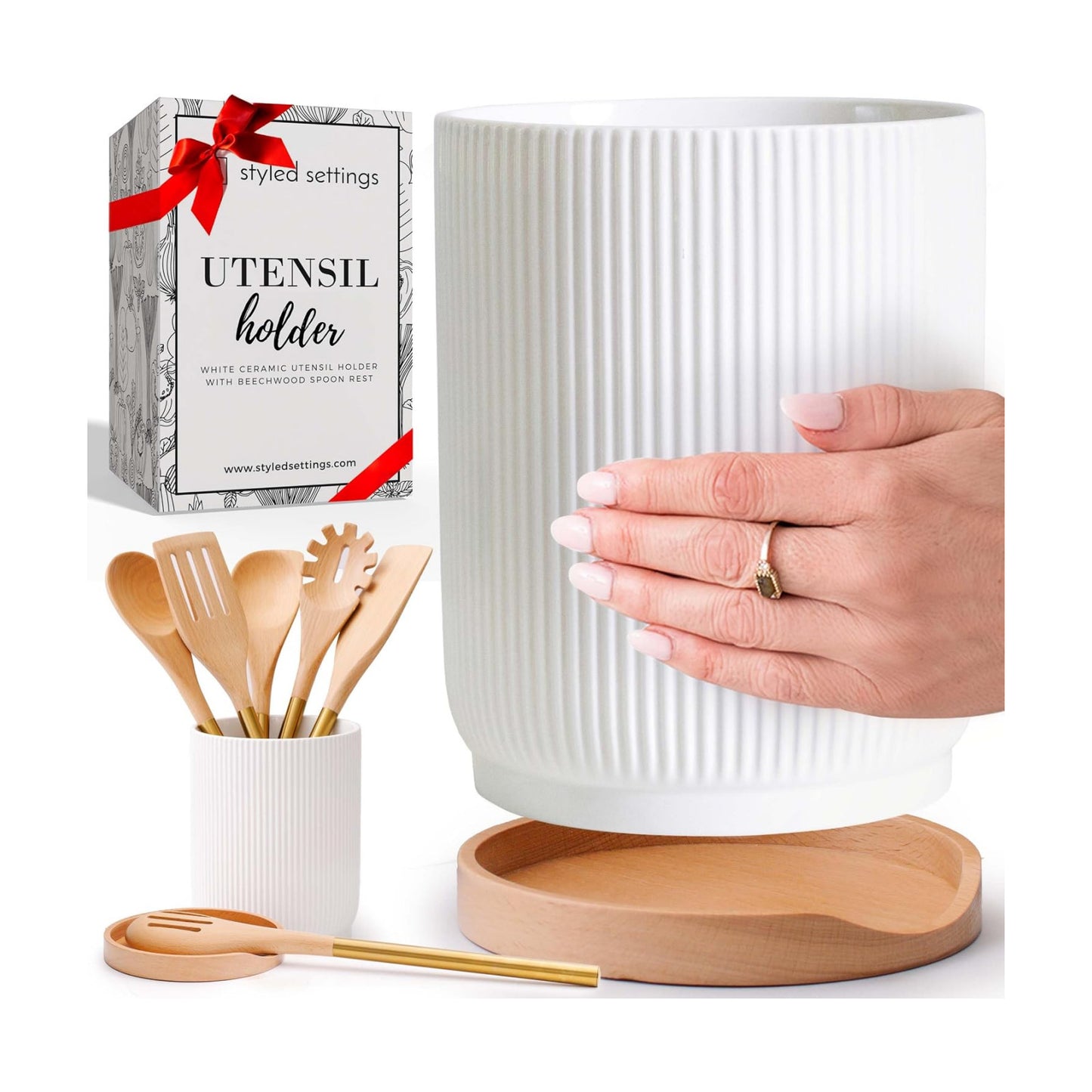 STYLED SETTINGS White Ceramic Utensil Holder with Built-In Wooden Spoon | 2 Piece Set for Kitchen Countertop