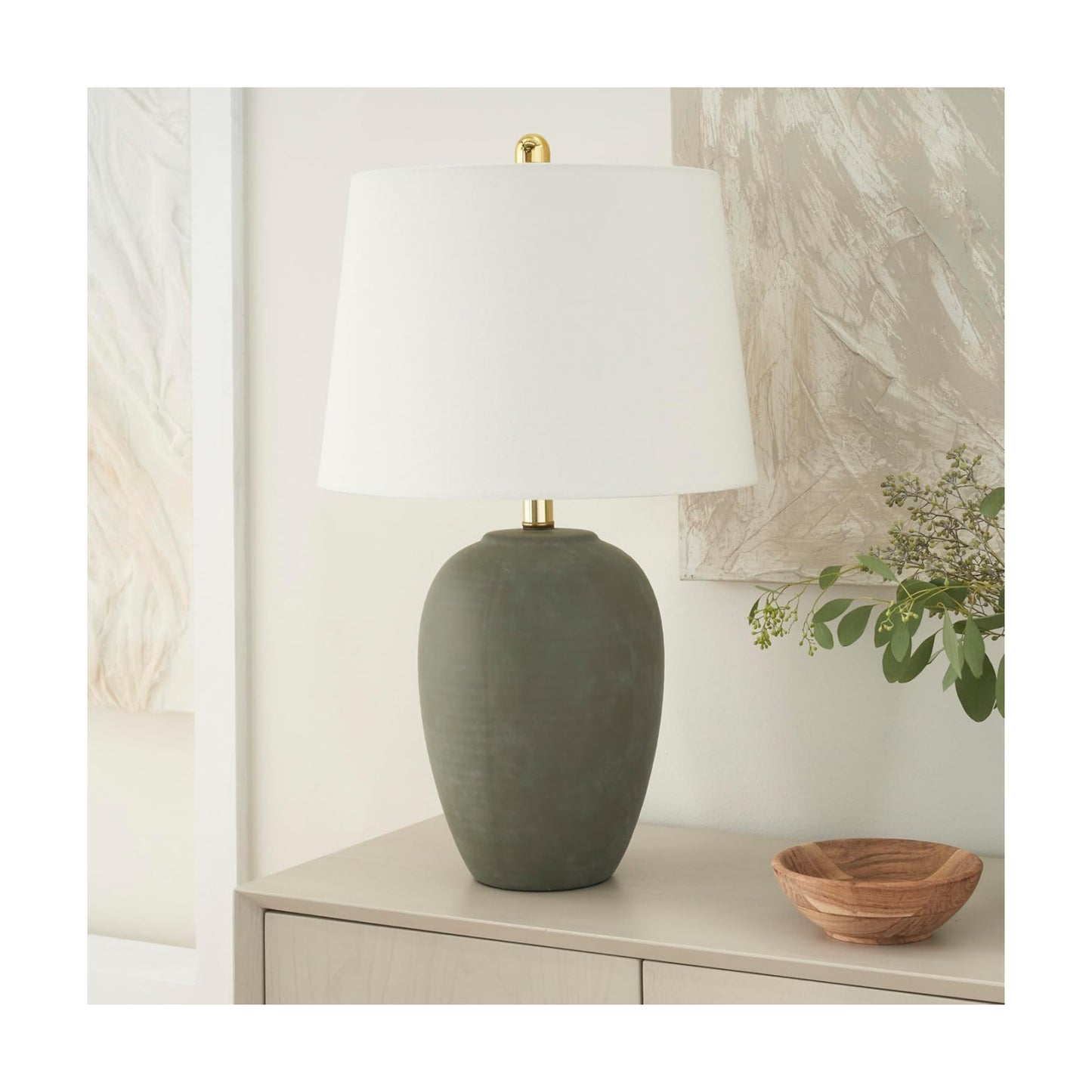 Nourison Home 23" Olive Green Ceramic Pot Table Lamp for Bedroom, Living Room, Dining Office, with White Tapered Drum