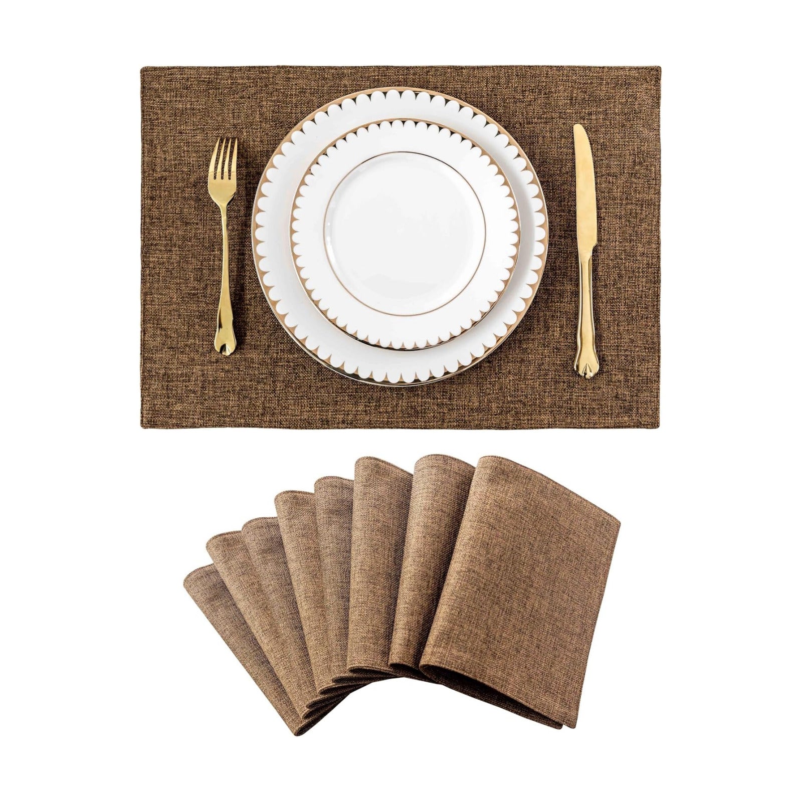 Home Brilliant Cloth Placemats Set of 8 Heat Resistant Dining Table Place Mats Linen Kitchen Table Mats, Brown