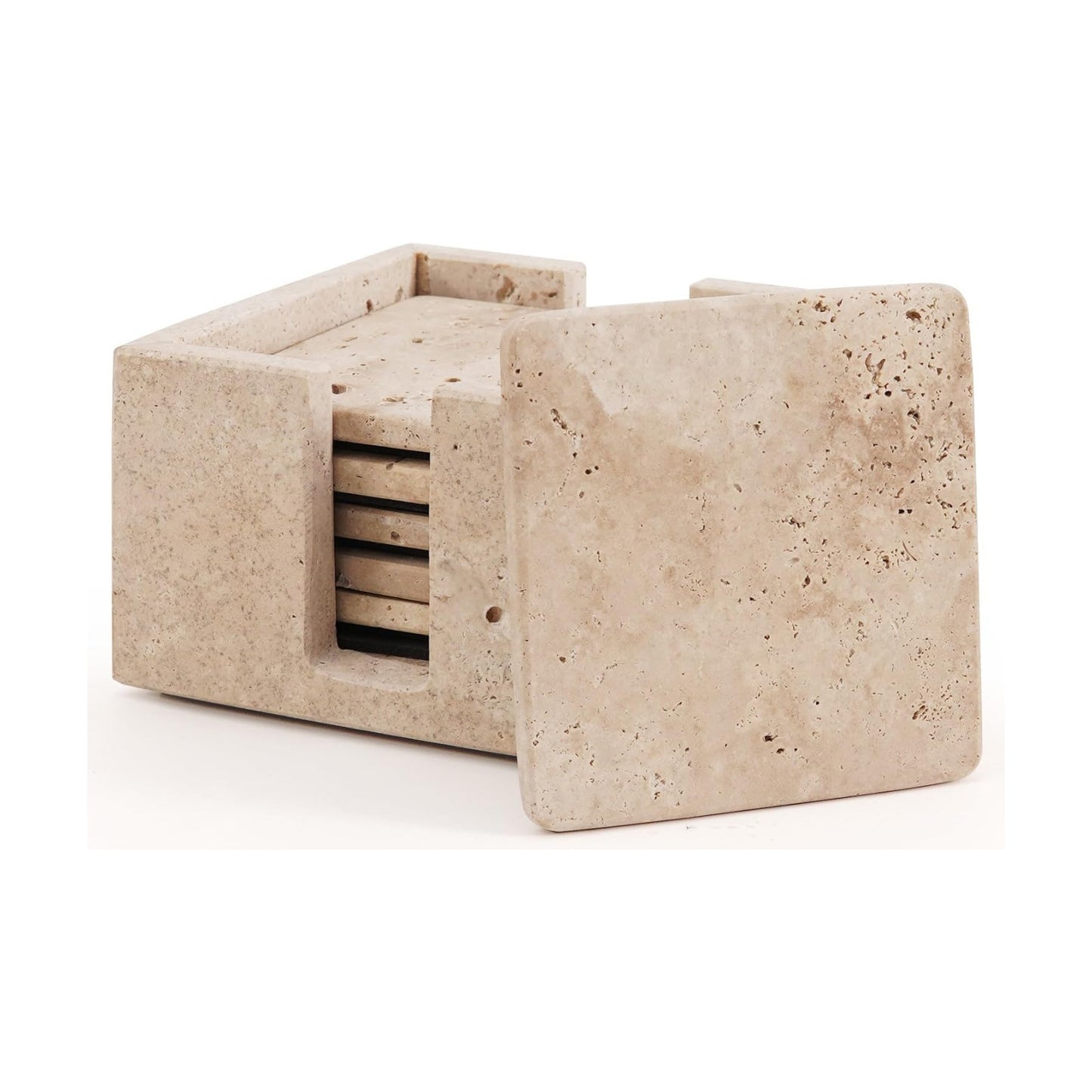 Holder / Stone Drink Coasters / Travertine Coasters with Holder / 3.5 Inch / Set of 6