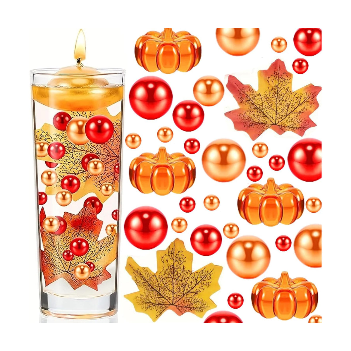 190PCS Thanksgiving Vases Fillers, Orange Red Beads Faux Pumpkin Maple Leaf Table Party Festive Decoration(Pumpkin Maple Leaf Set)