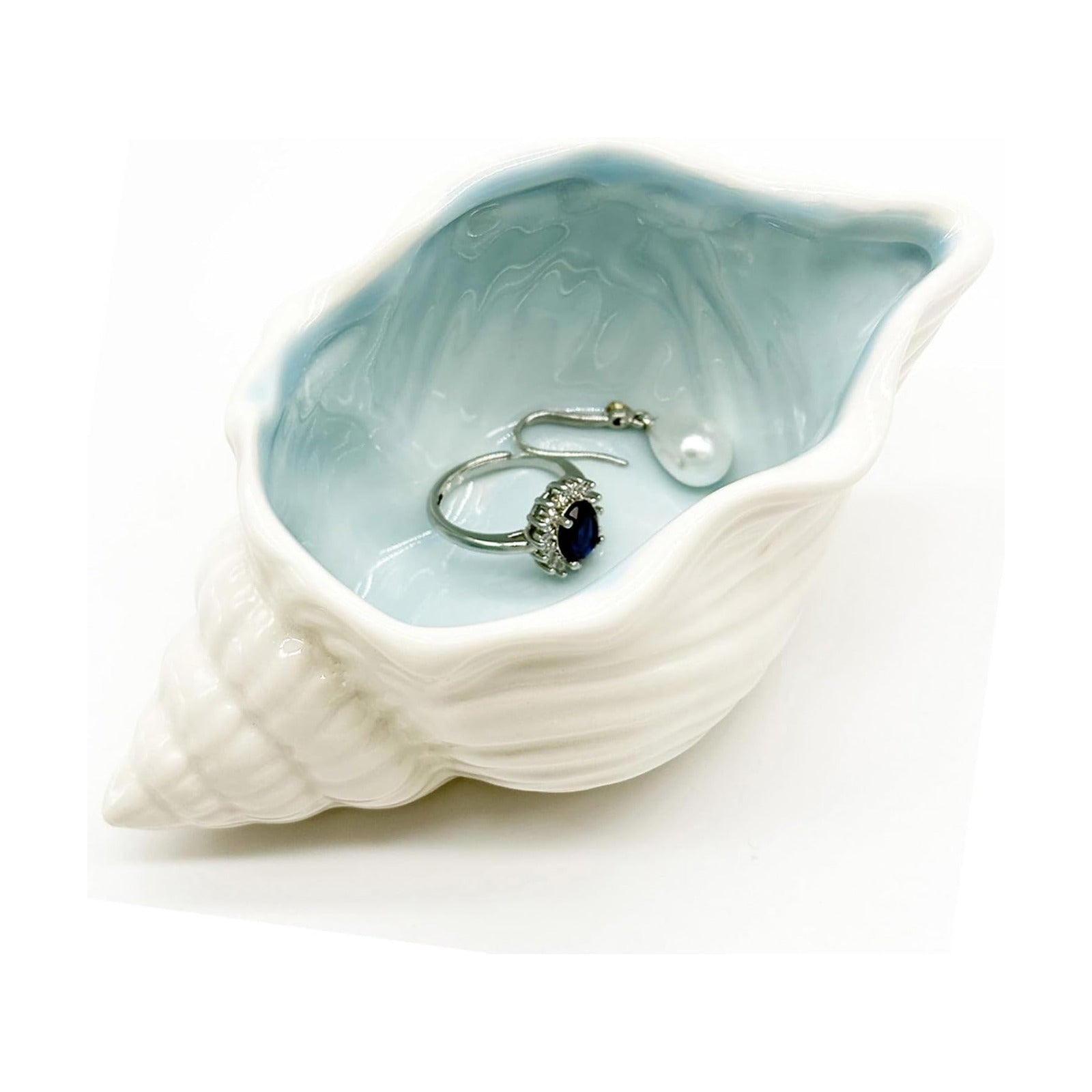Conch Jewelry Dish Ceramic Jewelry Tray / White + Blue