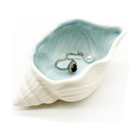 Conch Jewelry Dish Ceramic Jewelry Tray / White + Blue
