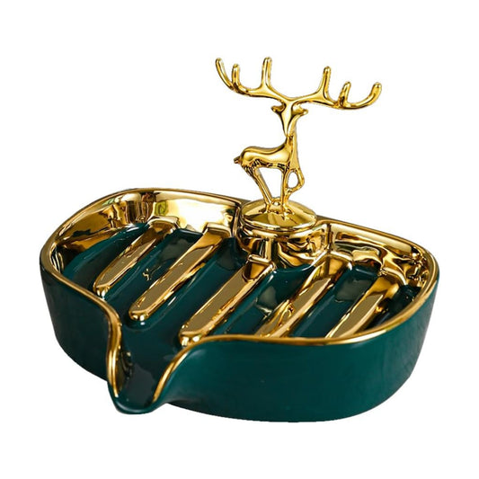 Ceramic Soap Dish Self Draining Soap Holder Tray Easy Cleaning Soap Saver / Green Painted In Gold