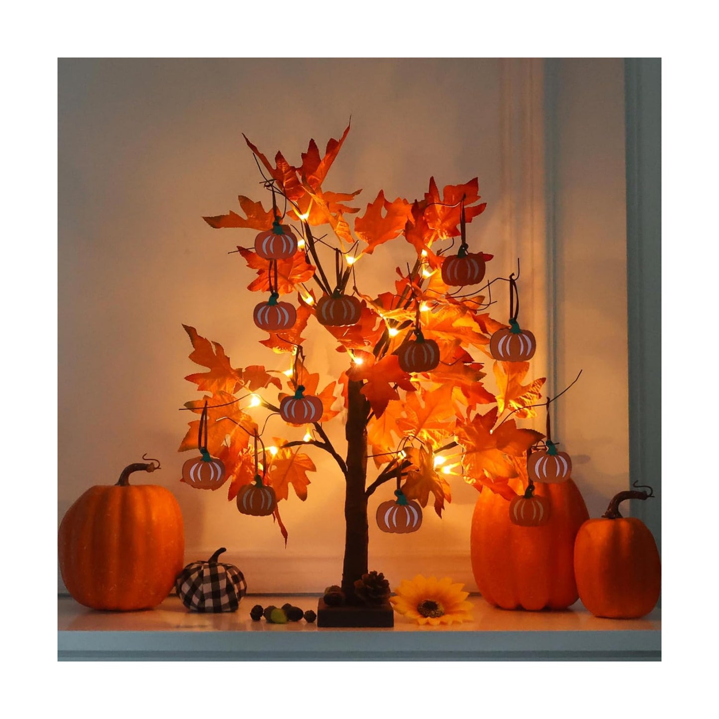 hogardeck Fall Decorations for Home, Thanksgiving Decorations, 24”2FT Lighted Maple Leaves Tree with 24 LEDs & 12 Wood