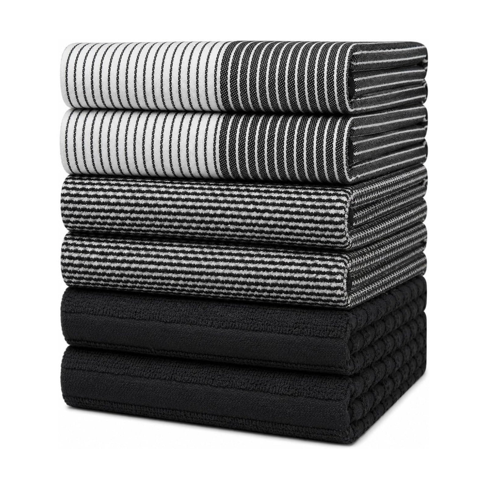 Premium Kitchen Towels 6 Pack 100% Cotton, 20"x28" Dish Towels - Black | Large Flat & Terry Kitchen Linen Set with