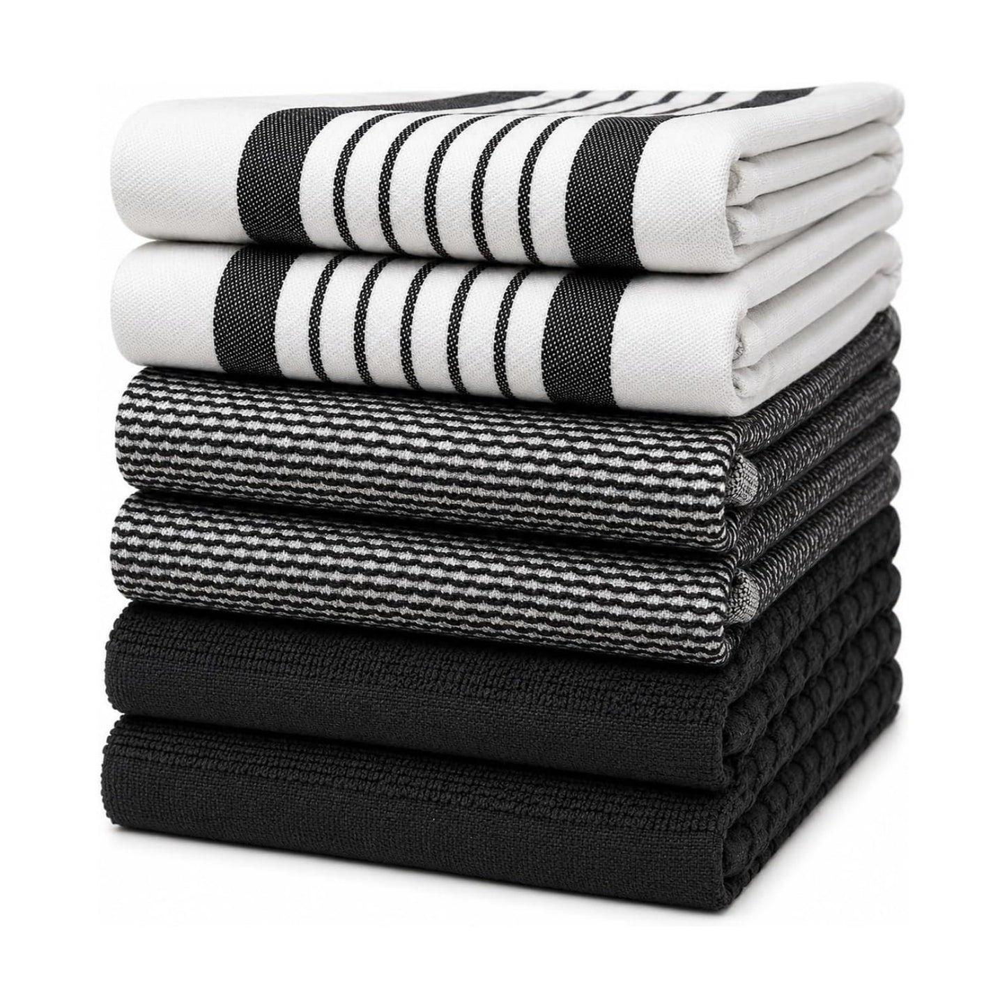 Premium Kitchen Towels 6 Pack 100% Cotton 20"x28" Dish Towels Black Striped | Large Flat & Terry Kitchen Linen Set with