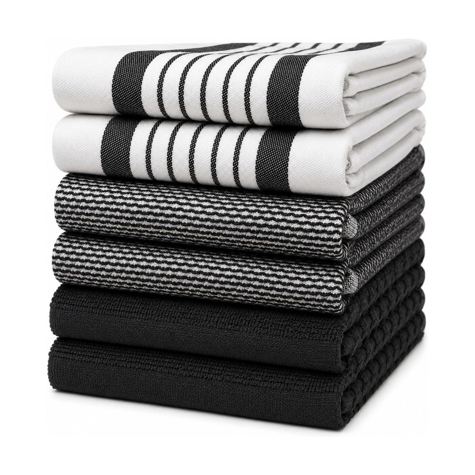 Premium Kitchen Towels 6 Pack 100% Cotton 20"x28" Dish Towels Black Striped | Large Flat & Terry Kitchen Linen Set with