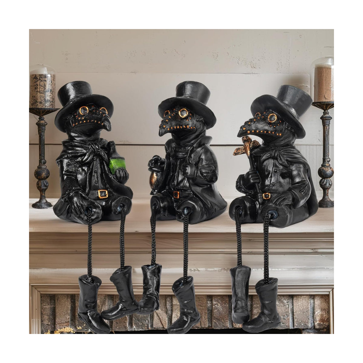 Dazzle Bright 3 Pcs Halloween Plague Doctor with Dangling Legs Figurines Decoration, Resin Gothic Scary Crow Table Fireplace Shelf Sitting Figurines Party Ornament Gifts for Indoor Home Decor