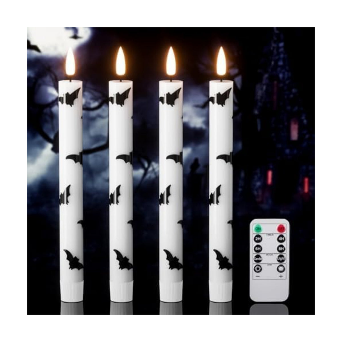 Halloween Flameless Taper Candles with Remote Timer, Bat Prints