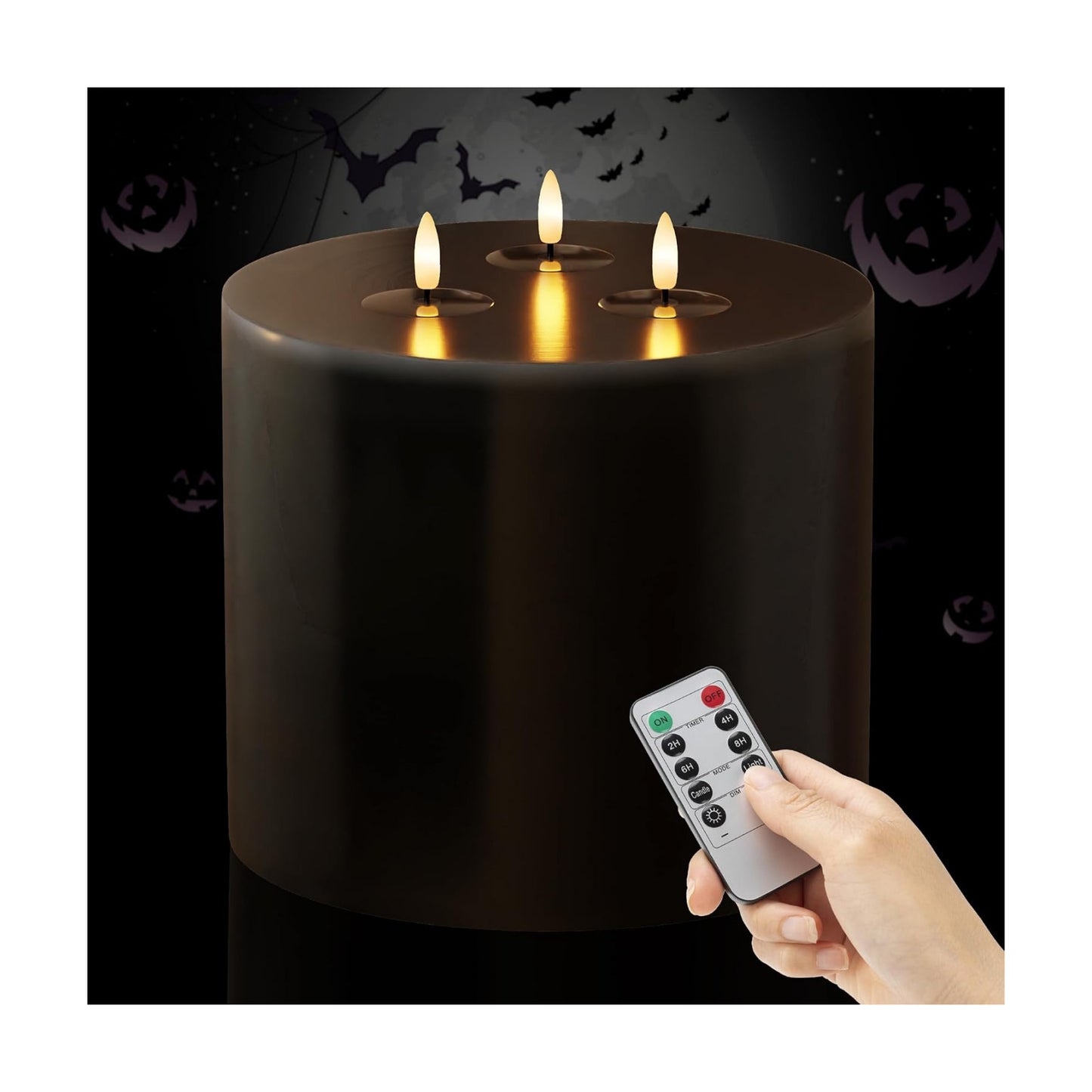 Extra Large Black Flameless Candles with 3 Wicks, 6"x6" Real Wax Halloween Candles with Remote, Battery Operated Candle