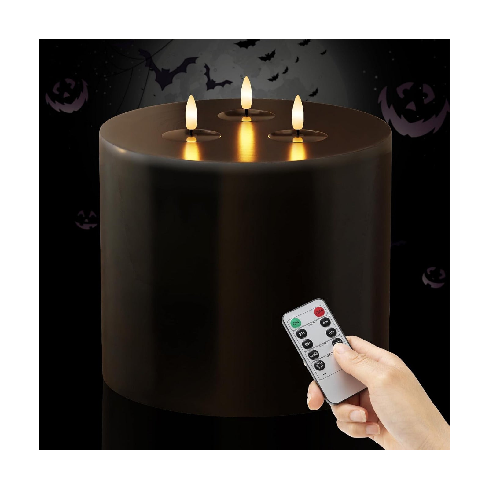 Extra Large Black Flameless Candles with 3 Wicks, 6"x6" Real Wax Halloween Candles with Remote, Battery Operated Candle