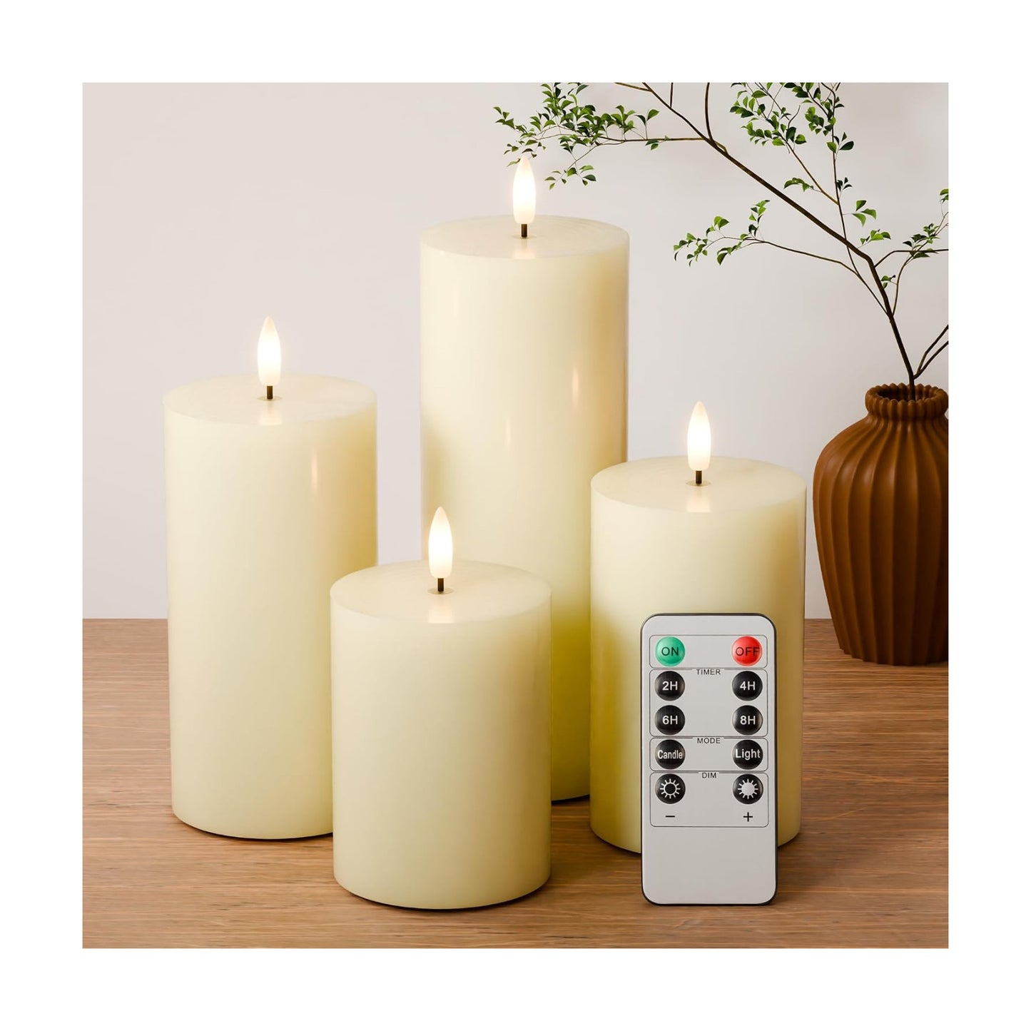 Flickering Flameless Candles, Battery Operated, Remote Timer, Set of 4 | Ivory LED Pillar Candles Flickering, Real Wax