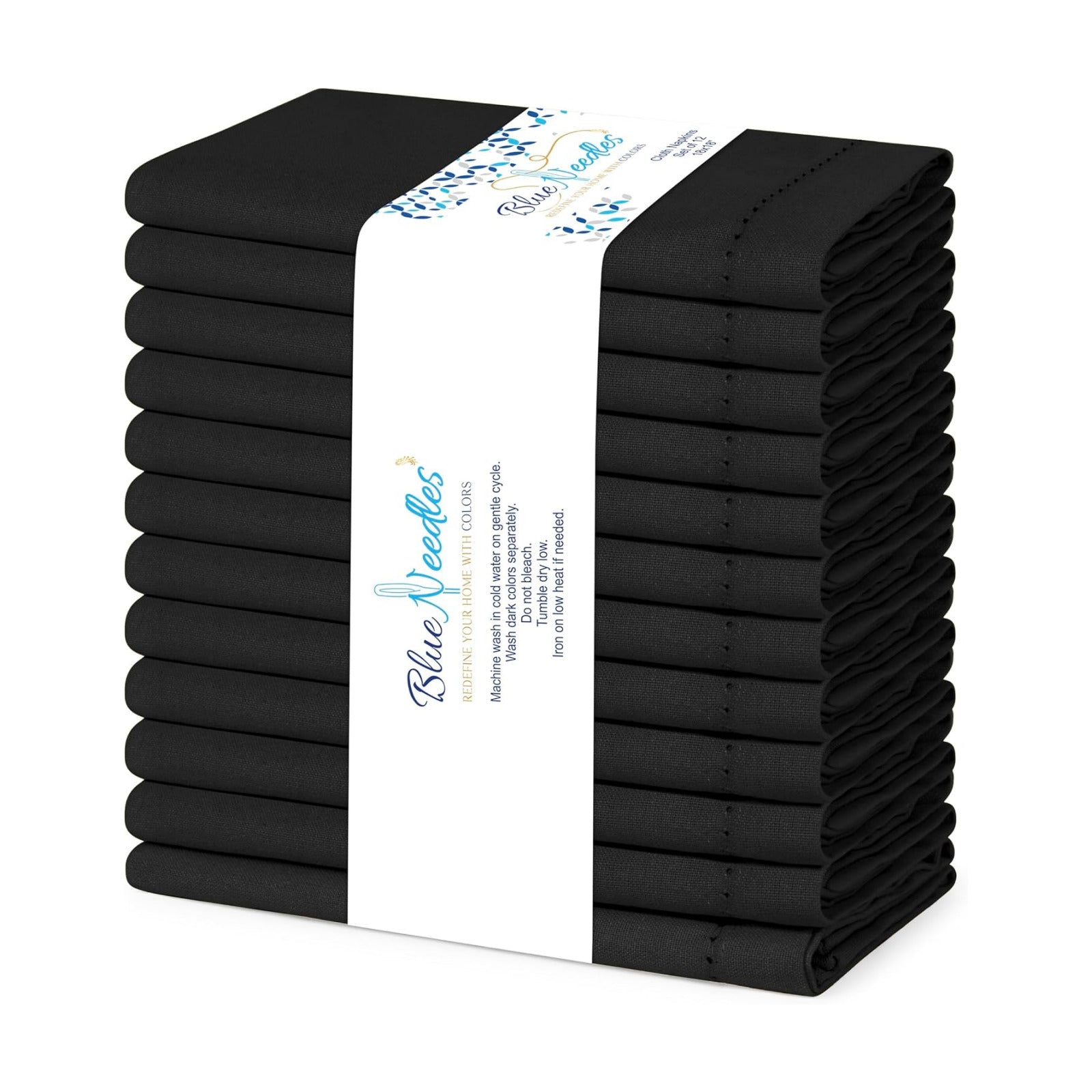 Blue Needles Set of 12 Hemstitch Linen Napkins 100% Cotton Black Cloth Dinner Napkins 18x18 inches, Soft, Reusable