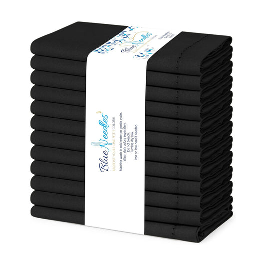Blue Needles Set of 12 Hemstitch Linen Napkins 100% Cotton Black Cloth Dinner Napkins 18x18 inches, Soft, Reusable