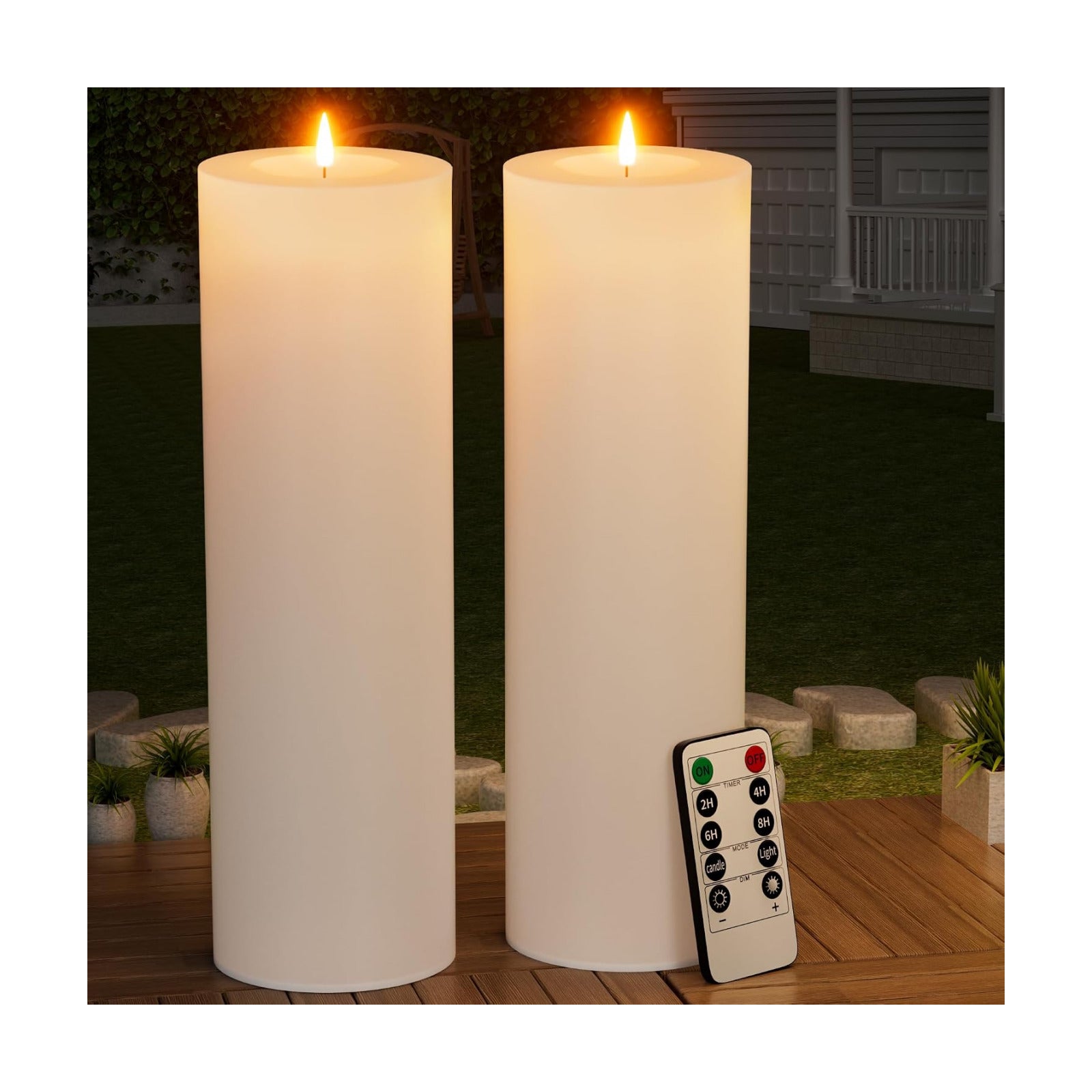 14" x 4" Large Outdoor Candle with Remote Timer Waterproof White 2 Pack | Battery Operated Flameless Pillar Candle